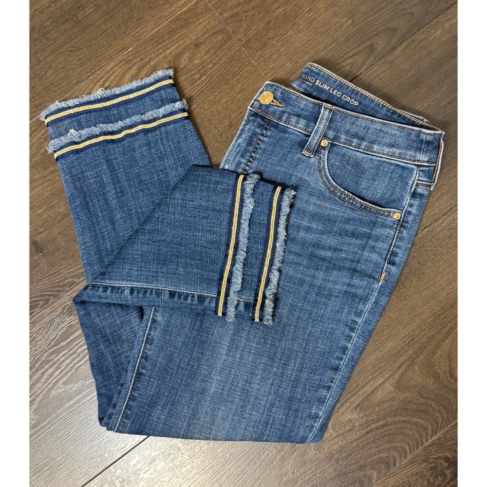 Chicos So Slimming Girlfriend Slim Leg Crop Jeans 0 4 Gold Metallic Fringe Hem